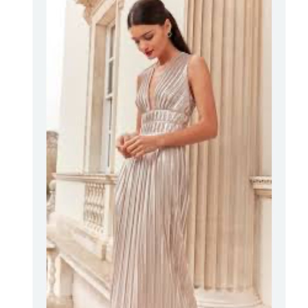 NWOT $695  TED BAKER ALECCIA V-NECK PLEATED METALLIC SHEEN DRESS SZ 6 US SZ 2